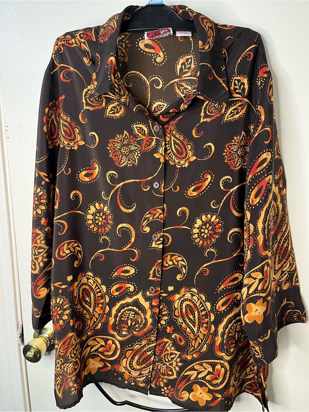 Fall colors Anna Brown Paisley Button-Front Blouse with Orange and Yellow Accent